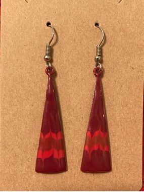 Vintage 80s Signed Pisces Red Enamel Geometric Dangle Earrings Art Deco Revival